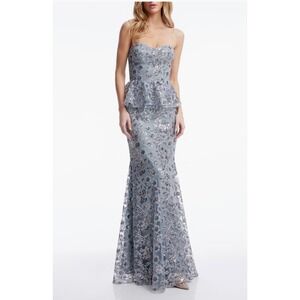 Dress the Population Slate Blue Sequin Floral Peplum Mermaid Gown Small